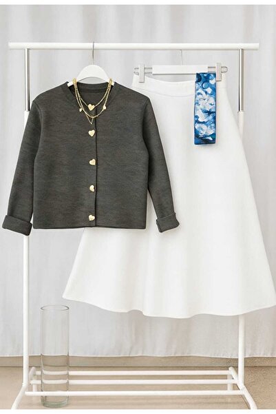 MODA VEDAT Women's Heart Buttoned Knitwear Cardigan Skirt Set -56 Antasi-White