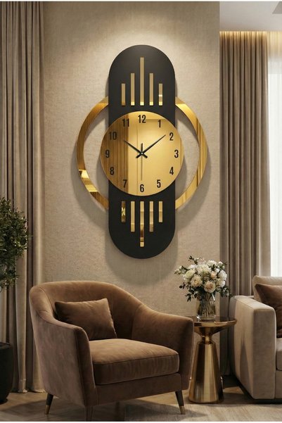 AA Shop 70cm Siyah Renk Gold Altın Detaylı Sayılı Hediyelik Ahşap Dekoratif Sessiz Büyük Boy Duvar Saati