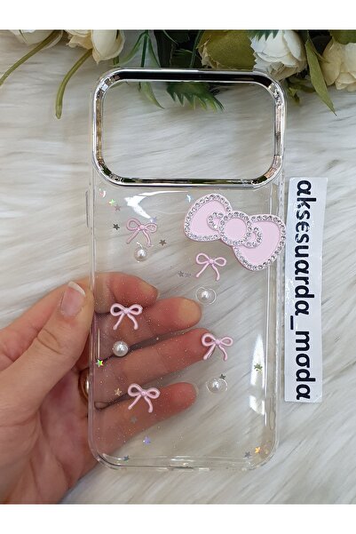 ZB Aksesuarda Moda Iphone 17 PRO MAX Uyumlu Pembe Fiyonk Detaylı Simli Şeffaf...