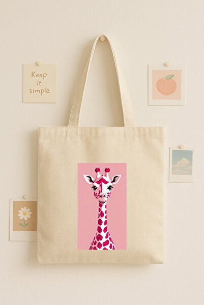 Maki Craft Pembe Zürafa Baskılı Bez Çanta Tote Bag