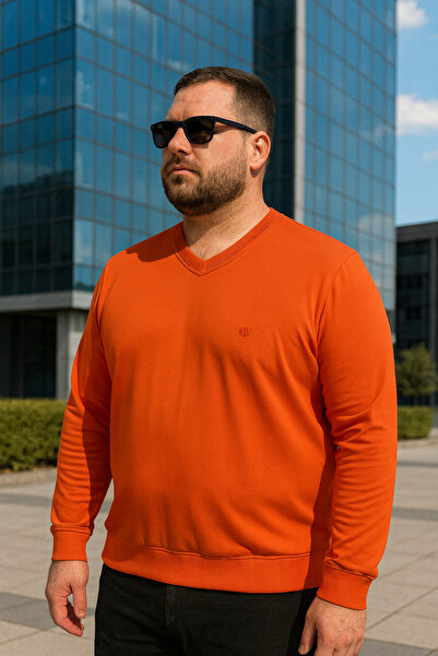 Maccali Men's Casual Plus Size Loose Orange V-Neck Sweater