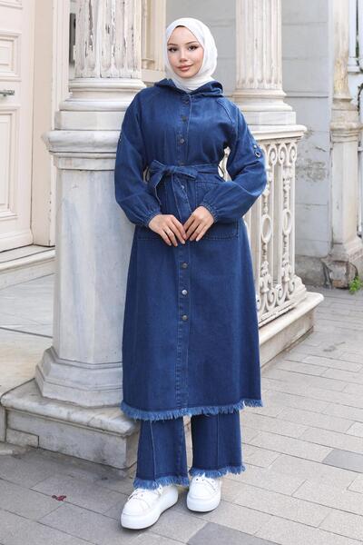 Modamihram Tassel Detailed Denim Suit Dark Blue 19375
