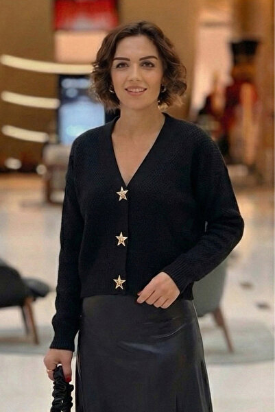 Nevin Kaya Moda Black Starfish Buttoned Knit Cardigan