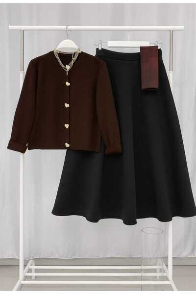 MODA VEDAT Set cardigan tricotat cu nasturi in forma de inima pentru femei cu fusta -56 maro-negru