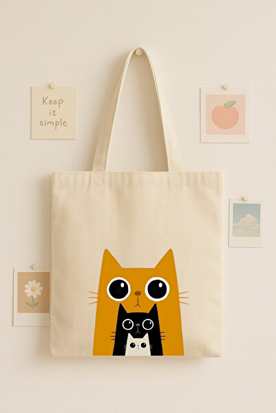 Maki Craft Sevimli Üçlü Kedi Baskılı Bez Çanta Tote Bag