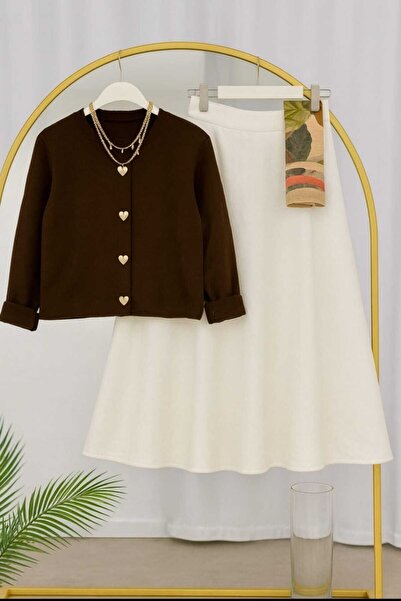 MODA VEDAT Set cardigan tricotat cu nasturi in forma de inima pentru femei cu...