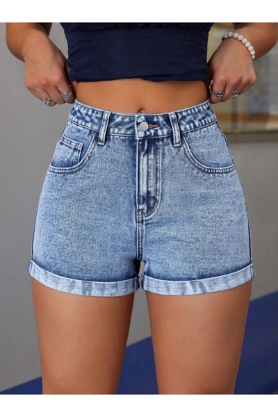 MARLİX Kadın Kot Şort Duble Paça Denim Likralı Toparlayıcı