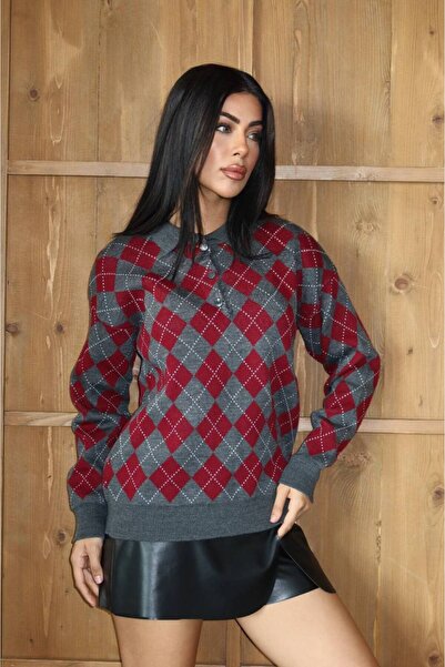 DONNA LISSA Women's Diamond Pattern Button Detailed Polo Neck Knitwear Sweate...