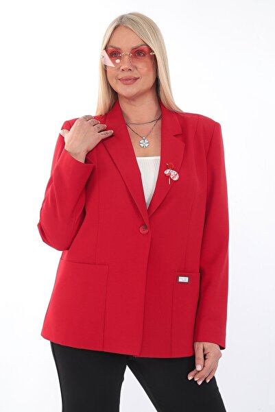 WHİTE DİAMOND Kadın Kırmızı Cep ve Broş Detaylı Şık Blazer Ceket