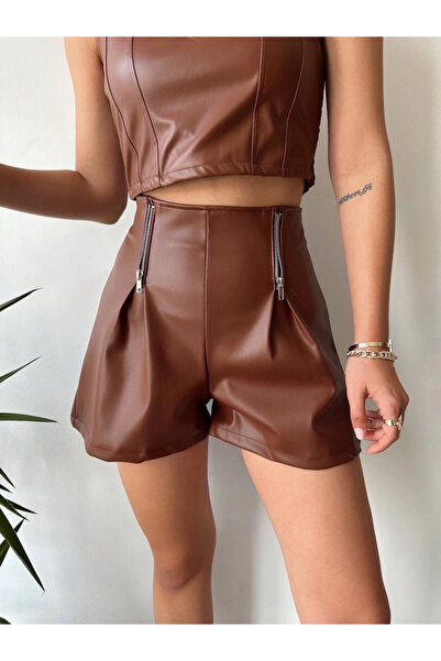 Wear Up Double zippered leather shorts coffee h24394