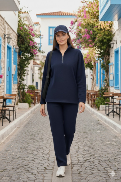 Wear Up Women's Turtleneck Zipper Detail Fleece Sweat and Pants Two-Piece Set