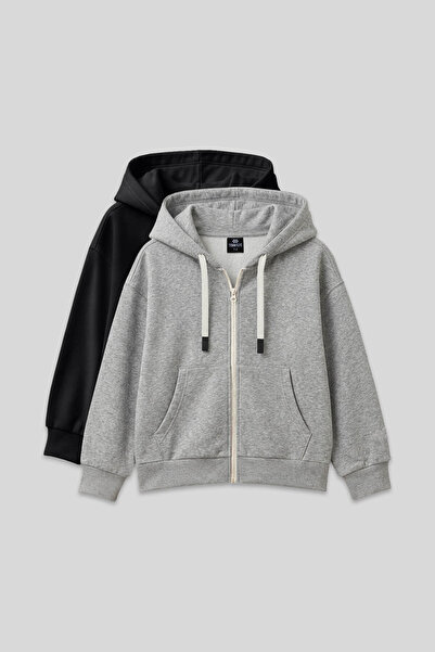 TOMMY LIFE Pachet de 2 din bumbac cu fermoar, negru-gri Melange Swea pentru f...