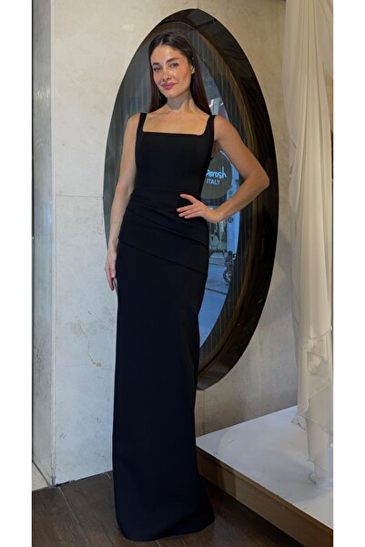 SpringStore Siyah Kare Yaka Krep Abiye