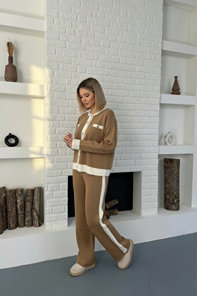 orjinal blue b Cream Lion Garnished Stripe Detail Long Sleeve Crop-Pants Knitwear Cotton Women's Bottom-Top Set