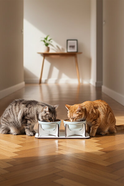 GOBYPET Ahşap Sabit Tabanlı 2'li Mama Ve Su Kabı