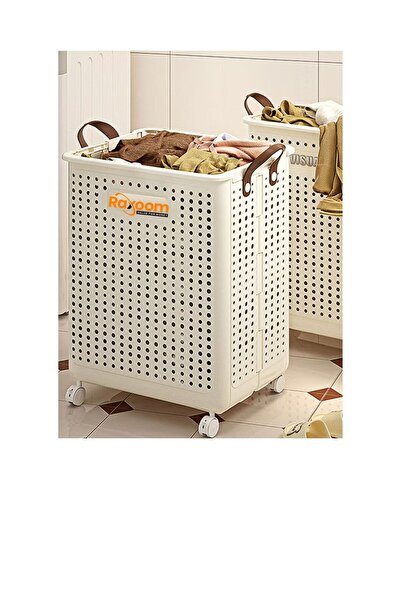 RAXOOM Foldable Laundry Basket 60L With 4 Tier Wheels Cloth Storage 38*9*47.5CM (white)
