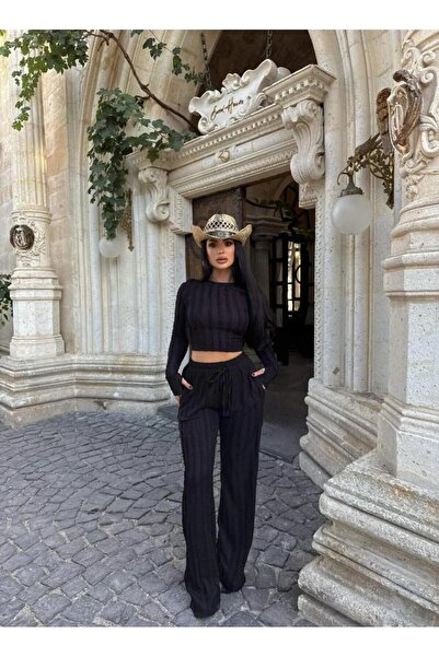 PEMAA Crinkled Fabric Crew Neck Fingerless Long Sleeve Crop Top and Pants Two-Piece Set