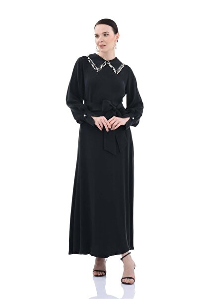 Zems Yakası İncili Cupro Elbise