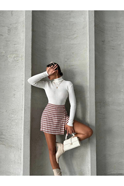 Wear Up Two-button houndstooth pattern ch fabric shorts skirt burgundy white h26414