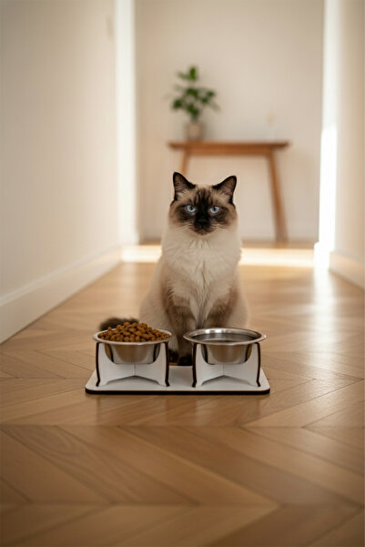 GOBYPET Ahşap Sabit Tabanlı 2'li Mama Ve Su Kabı