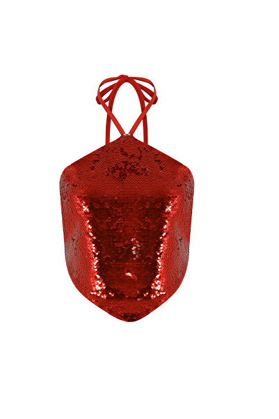 La Sarta Oslo Sequined Halter Neck Red Bodysuit
