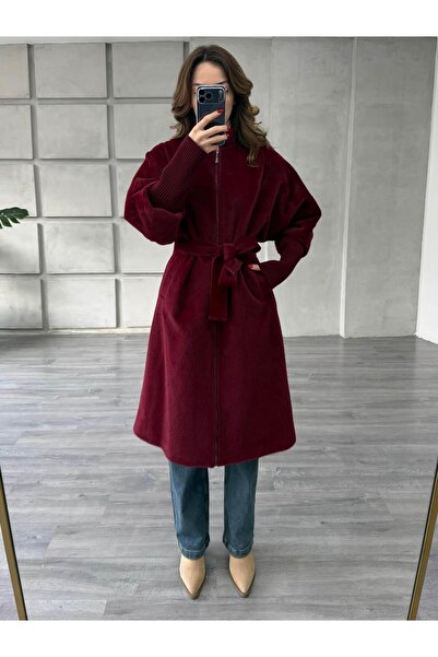 Coral 70040 Bileği Geniş Lastikli Kürk Kaban Bordo