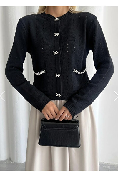 My Blog Black Perforated Pearl Button Cardigan