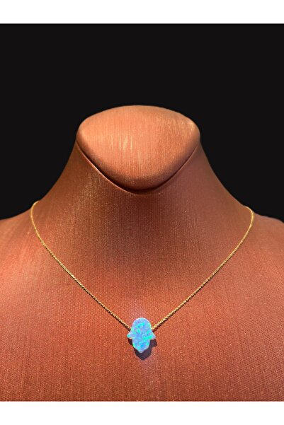 Platin Kuyumculuk 14 Ayar Altın Gökyüzü Mavisi Opal Taşlı Fatma Ana Eli Kolye