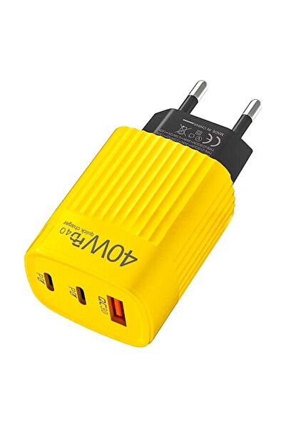 BLA BLA FOAM 40W PD40-3 Fast Charging Wall Charger - 2x Type-C + 1x USB QC 3.0, Yellow/Black