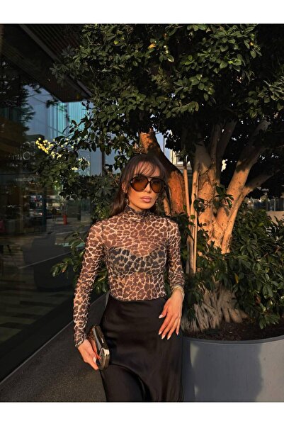 FREZZBİ Women's Brown Leopard Print Transparent Long Sleeve High Neck Tulle B...