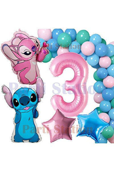 Parti Station Lilo Stitch Balon ve Angel 3 Yaş Doğum Günü Parti Seti Pembe Ra...