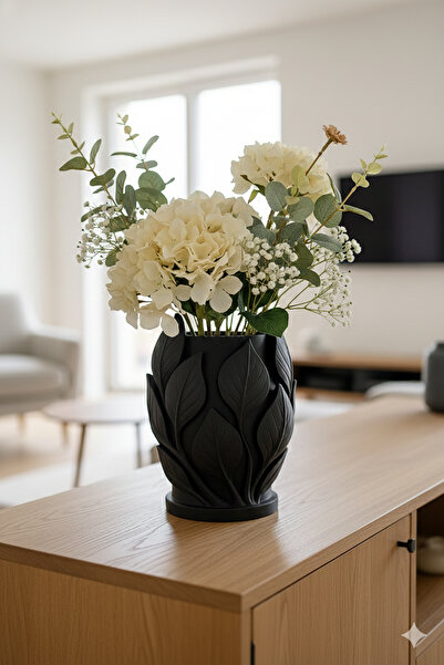 MEK Vază modernă din plastic cu textura frunze, neagră (20x16cm)