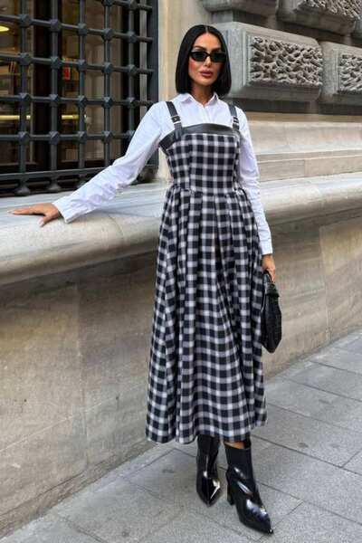 LUV STUDİOS CO Black Plaid Leather Strap Pleated Midi Women's Slopet Dress