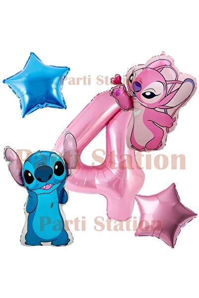 Parti Station Lilo Stitch ve Angel Balon Seti 4 Yaş 5 Parça Pembe Rakam ve Yı...