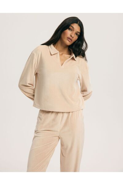 ESOTIQ Women's Velour Two-Piece Set Fleece Sweatpants & Blouse Loungewear Ribbed High Waist Pockets | Cora