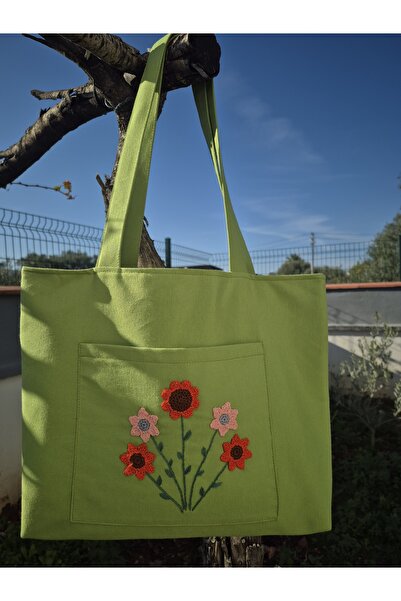 Handream Pistachio Green Cloth Bag with Knitted Flower Bundle Detail and Pockets