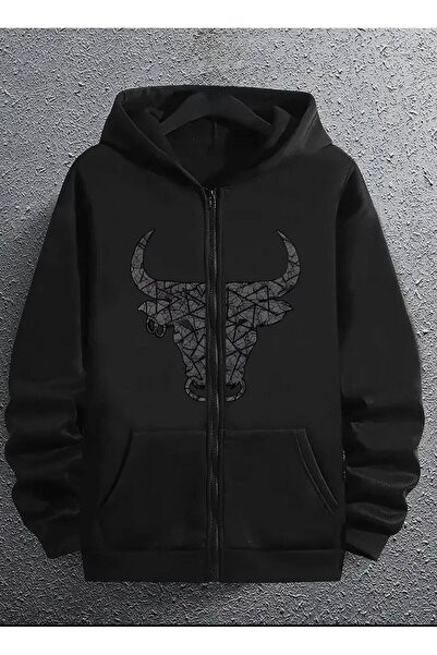 Oceanwear Boğa Printed Hooded Zippered Unisex Sweatshirt Cardigan Fleece-Lined