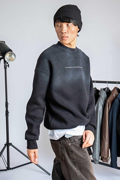 ablukaonline Men's Minimal Text Detailed Washable Sweatshirt Black