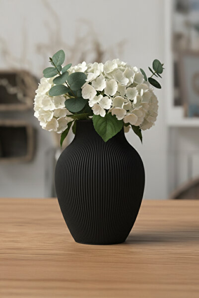 MEK مزهرية بلاستيكية مزخرفة بتصميم بيضاوي مع خطوط عمودية باللون الأسود (20×15 سم)