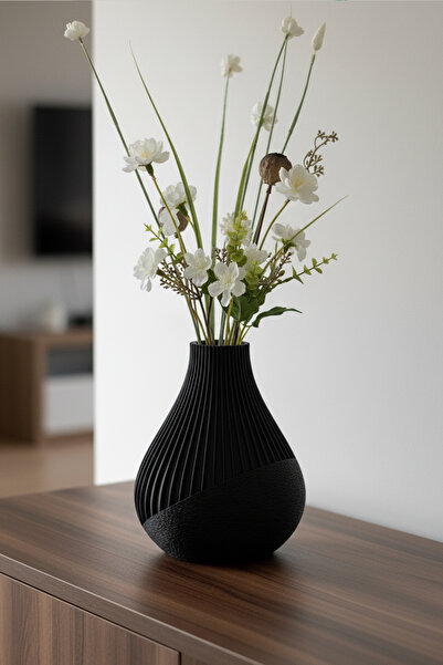 MEK Vază decorativă din plastic cu combinație de texturi și linii, neagră (20x17cm)