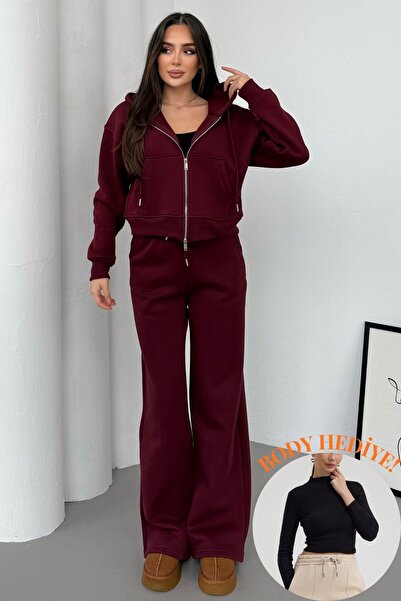Mezka Kadın Çift Fermuar Bordo Detaylı Kapüşonlu Kışlık Şardonlu Oversize Eşo...