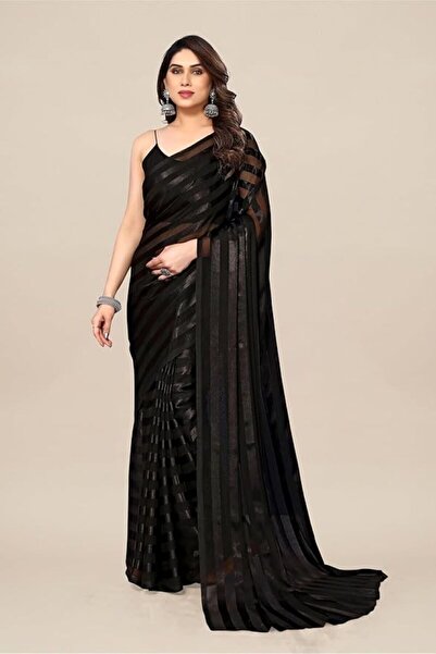 iza Women's Plain Satin Striped Georgette Saree With Unstitched Blouse Piece