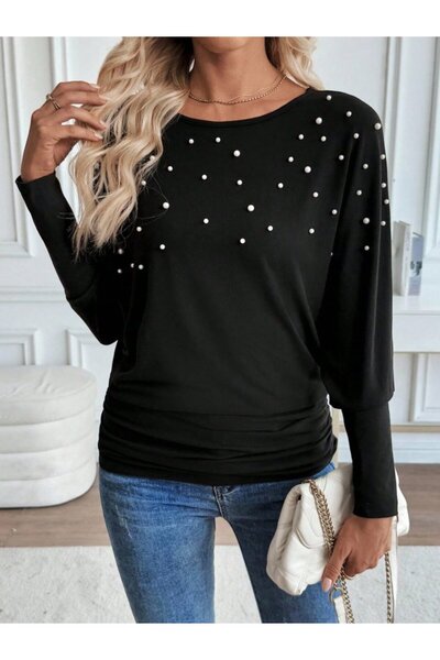 Wear Up Bluză de damă cu mâneci lungi și gât rotund din viscoză perlat