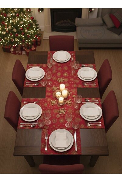 Tangül&Ali'S Moda Evi Yılbaşı Sunum Seti Runner, 6 Adet Amerikan Servis ve Kokteyl peçetesi takımı (KUTULU GÖNDERİM)