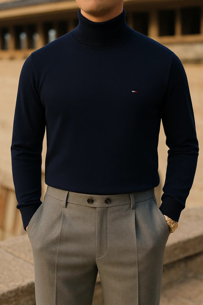 comstar Men's Trendy Winter High-Neck Navy Blue Knit Sweater