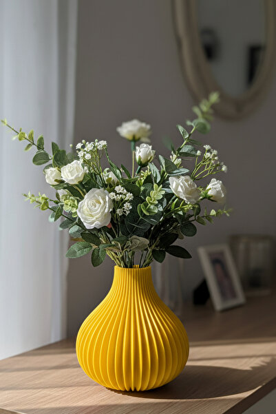 MEK Aesthetic Striped Decorative Plastic Vase Yellow (22X22Cm)