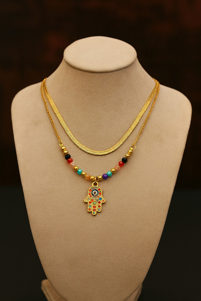 DARENT COLLECTİON İki Katmanlı Altın Renkli Hamsa kolye