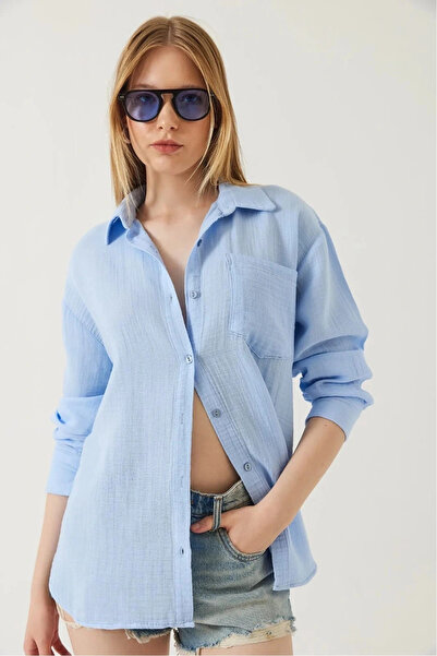 Işıltı kidss Single-pocket muslin shirt, blue.