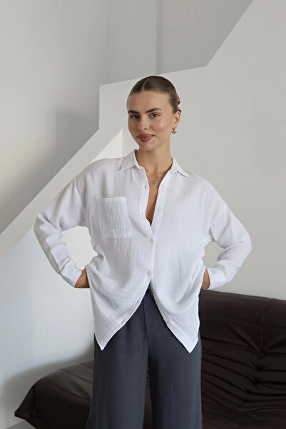 Işıltı kidss Single-pocket muslin shirt, white.