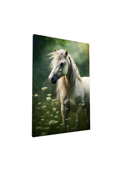 PozaTablou Pictură pe pânză: Cal alb în pajiște verde 50x70 cm